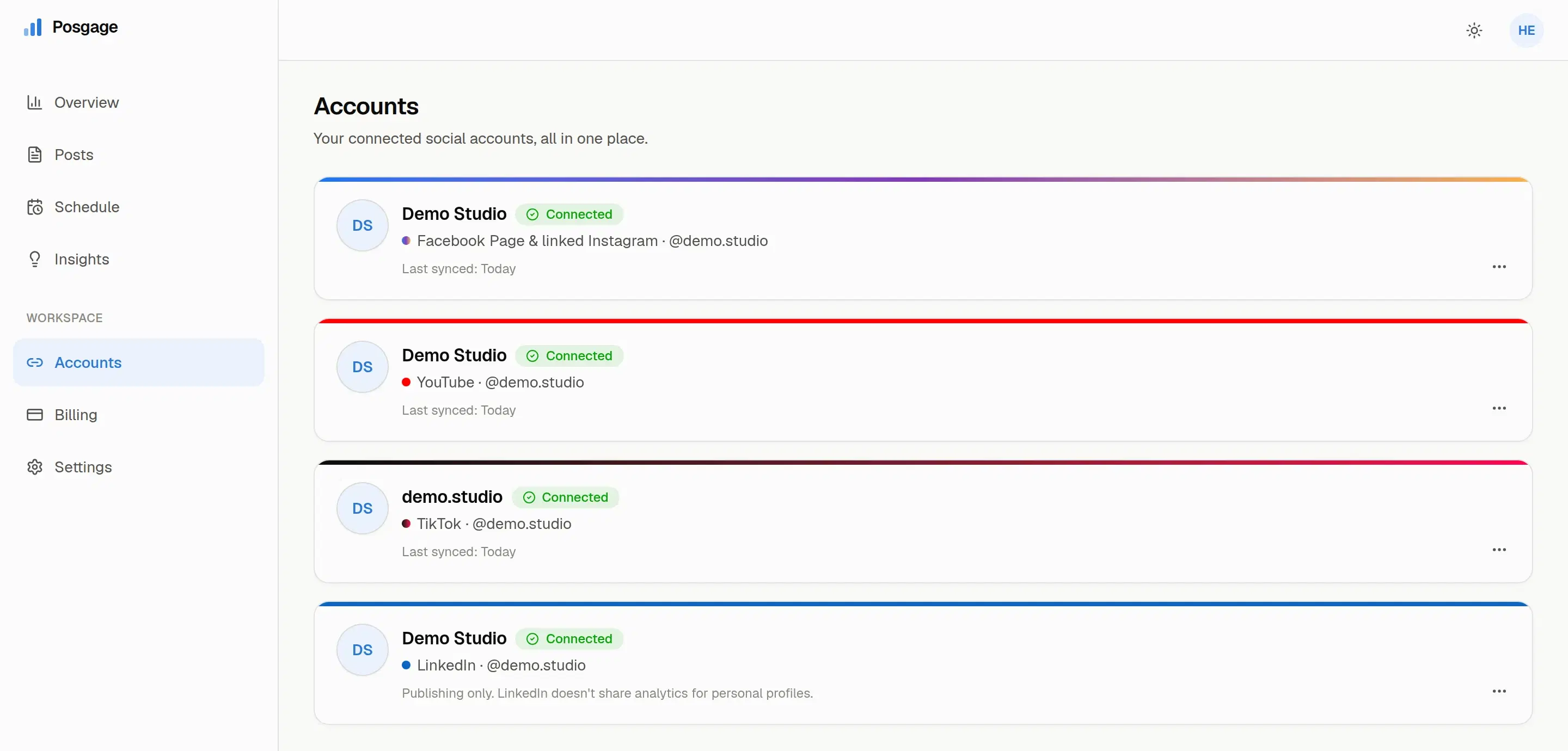 Connected accounts in Posgage: a Facebook Page with linked Instagram, YouTube, TikTok and LinkedIn.